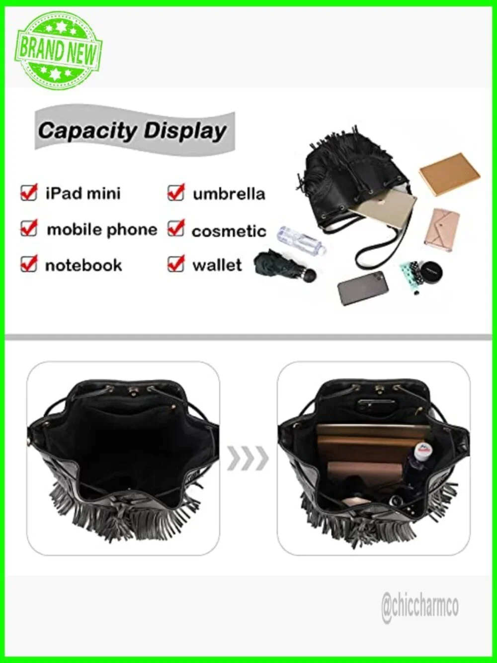 Large Vegan Leather Bucket Bag Crossbody Shoulder Hobo with Tassel Drawstring